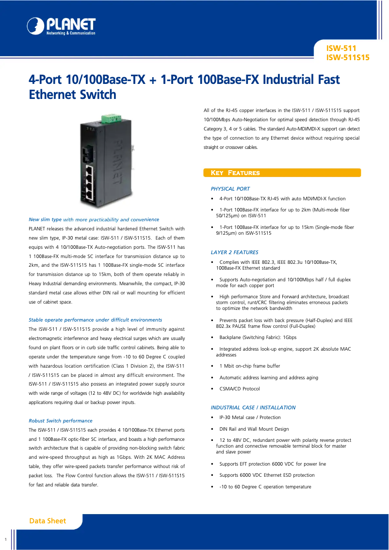 Page n°1 - Fiche technique Planet ISW-511