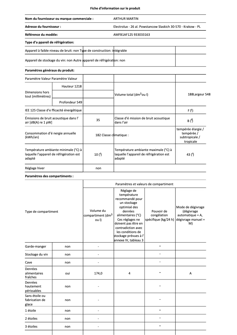 Page 1 de la notice Fiche technique Electrolux AMFB1AF12S
