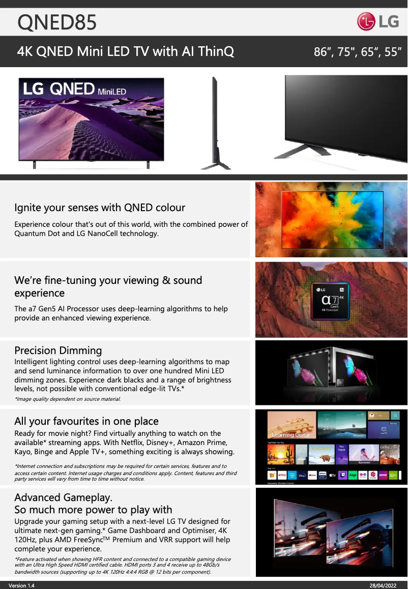 Page 1 de la notice Fiche technique LG 86QNED85SQA