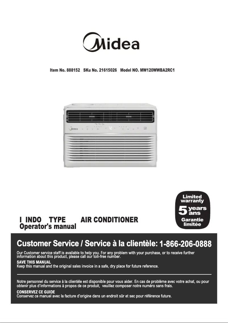 Page 1 de la notice Manuel utilisateur Midea MW120WWBA2RC1