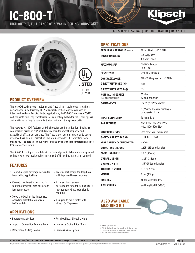 Page 1 de la notice Fiche technique Klipsch IC-800-T