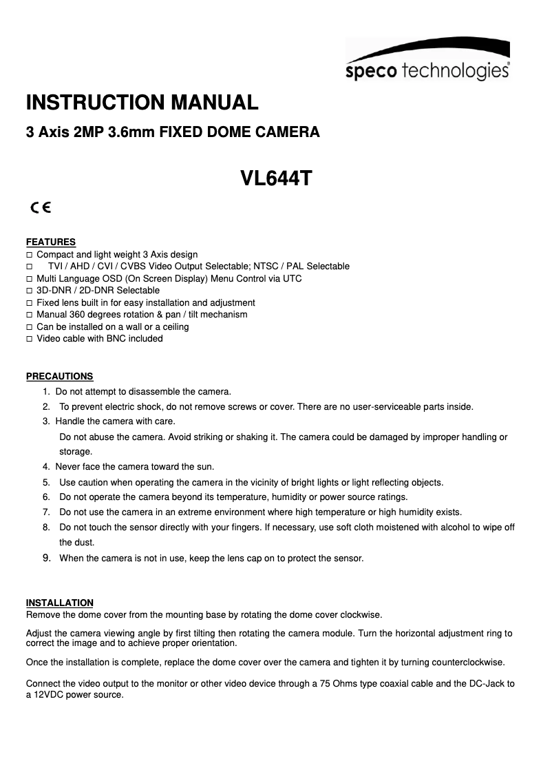 Page 1 de la notice Manuel utilisateur Speco Technologies VL644T