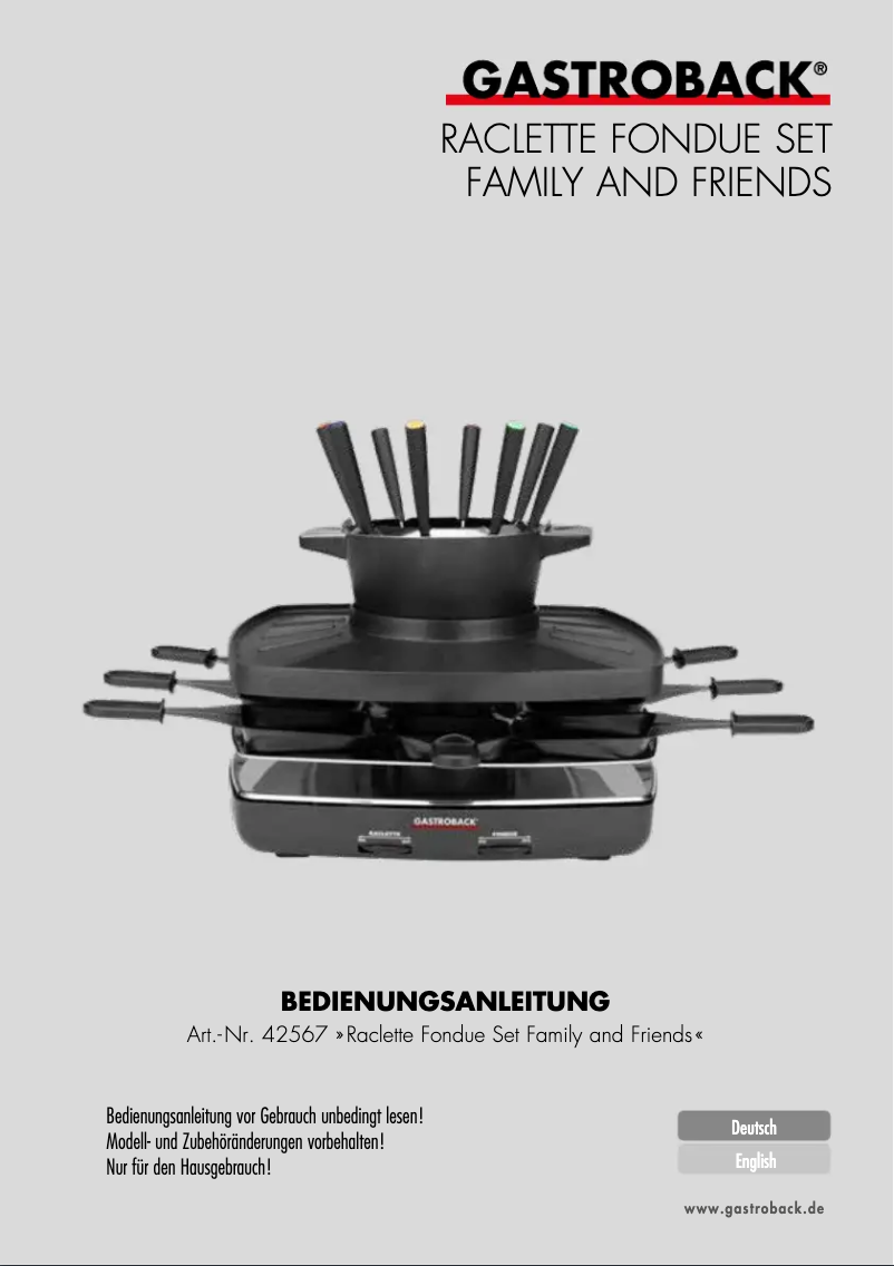 Page 1 de la notice Manuel utilisateur Gastroback Raclette Fondue Set Family & Friends 42567