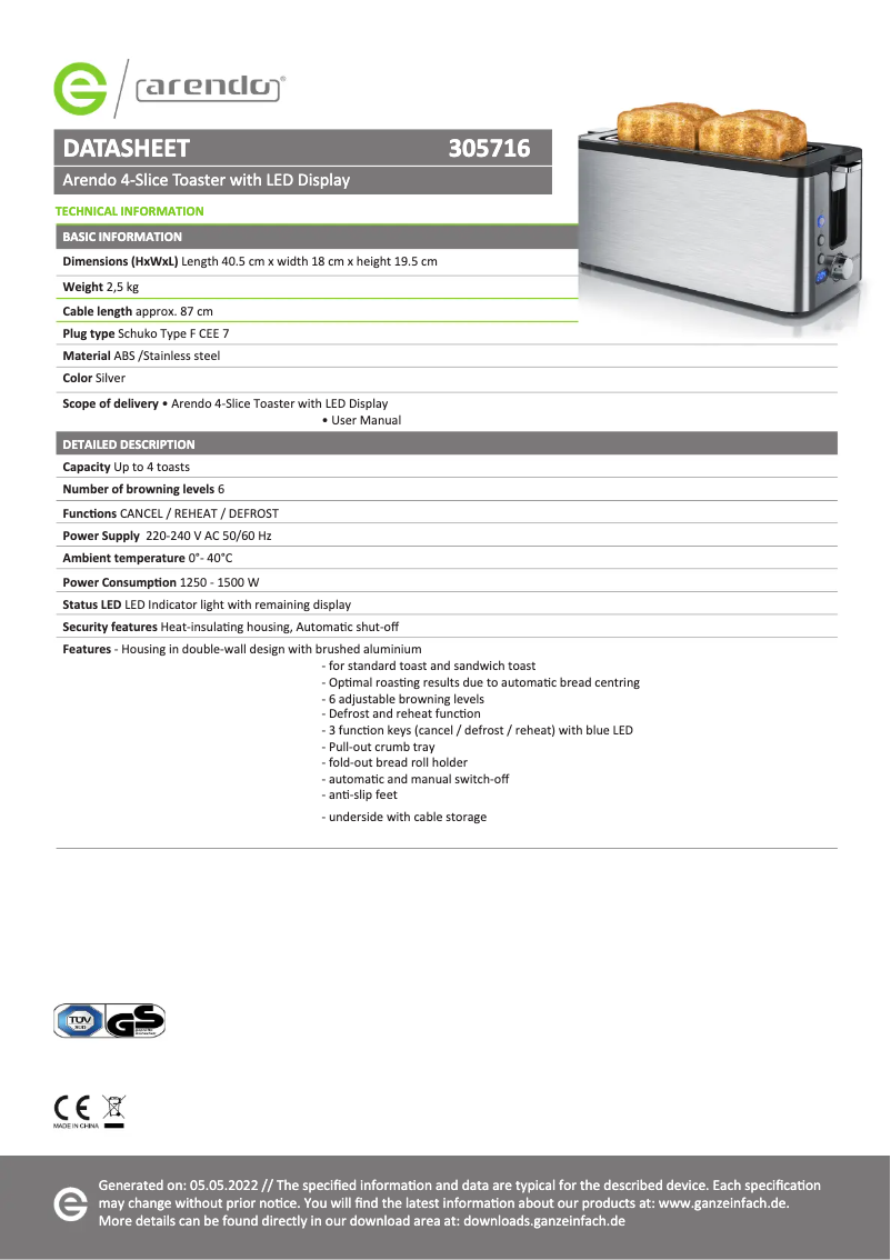 Page 1 de la notice Fiche technique Arendo Manana 305716
