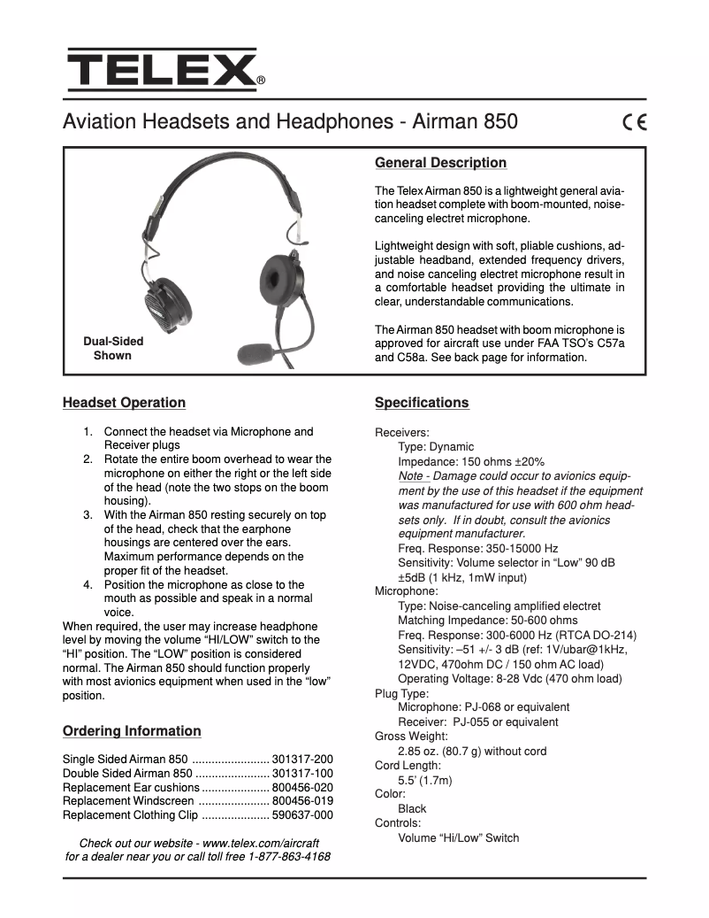 Page n°1 - Fiche technique Telex Airman 850