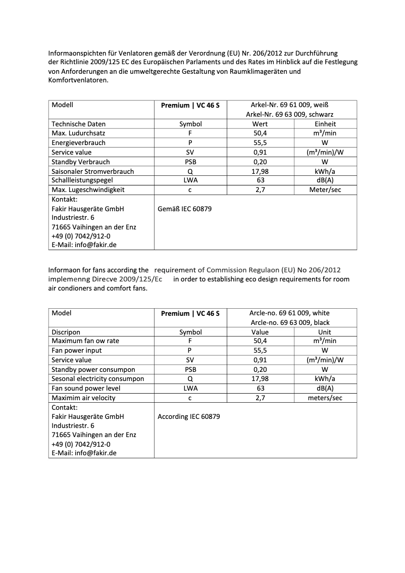 Page 1 de la notice Label énergétique Fakir premium VC 46 S