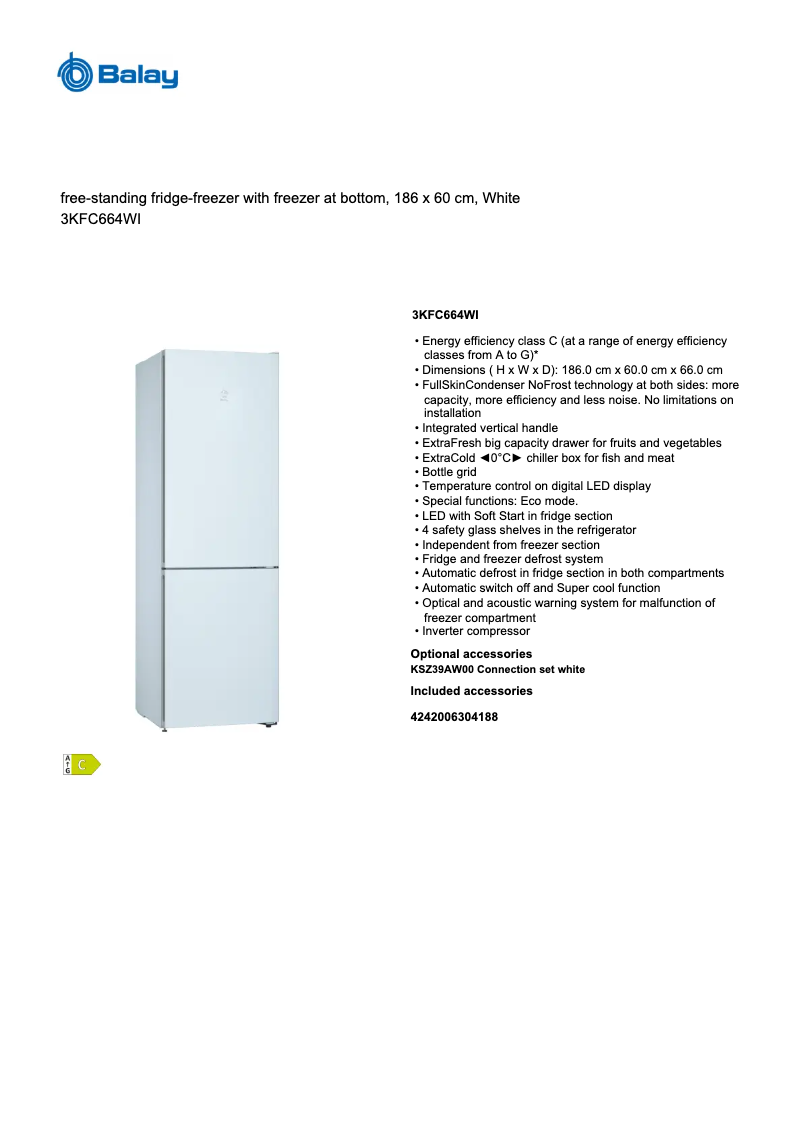 Page 1 de la notice Fiche technique Balay 3KFC664WI