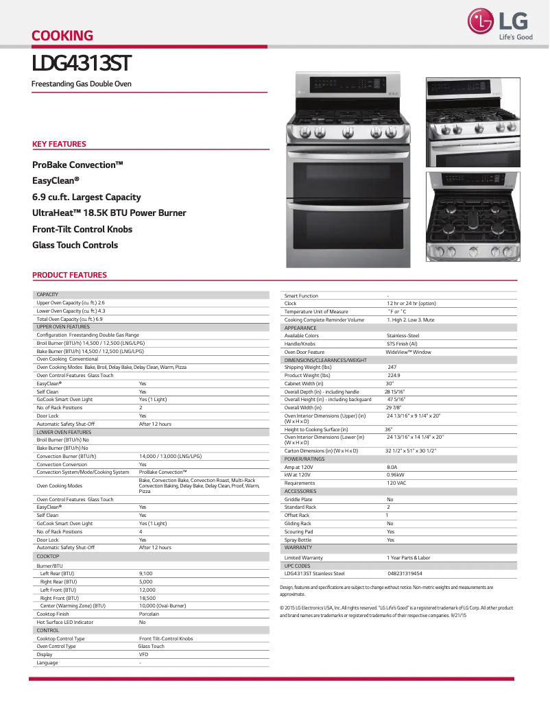 Page 1 de la notice Fiche technique LG LDG4313ST