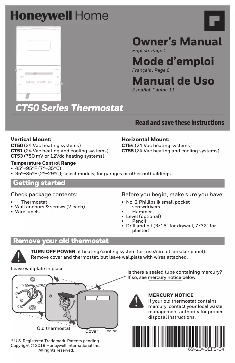 Page n°1 - Manuel utilisateur Honeywell CT50K1028/E