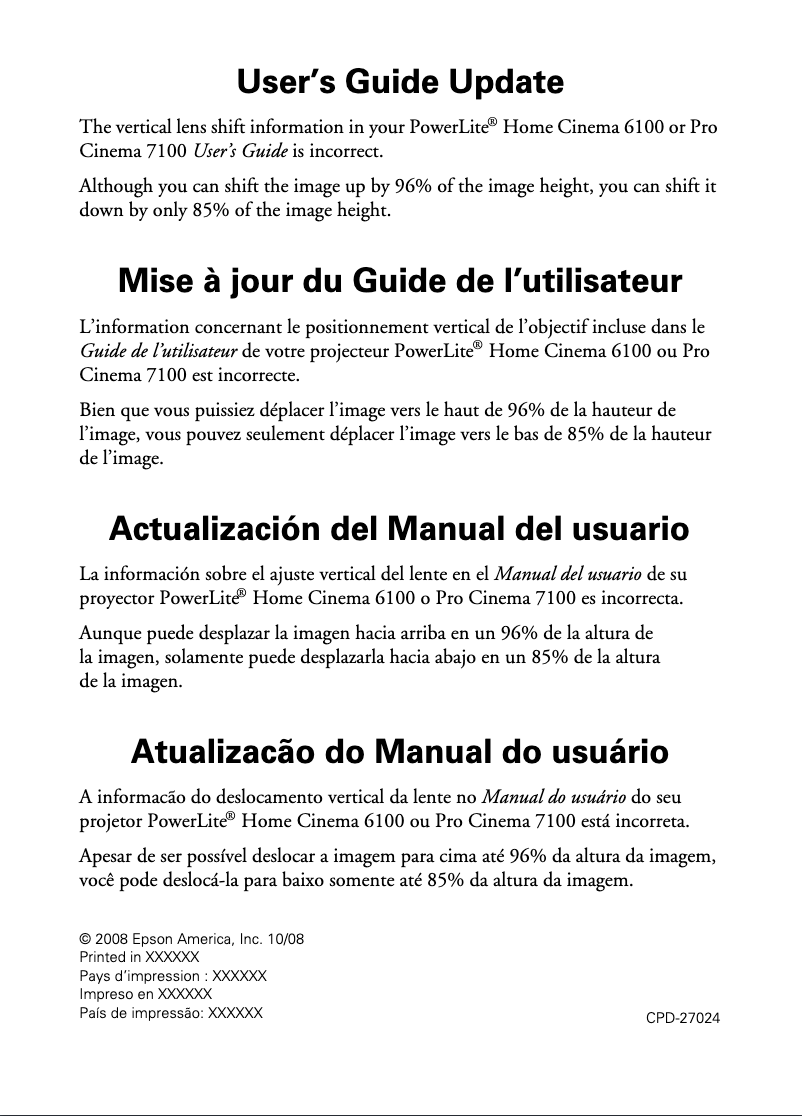 Página 1 del manual Manual de usuario Epson PowerLite Home Cinema 6500 UB