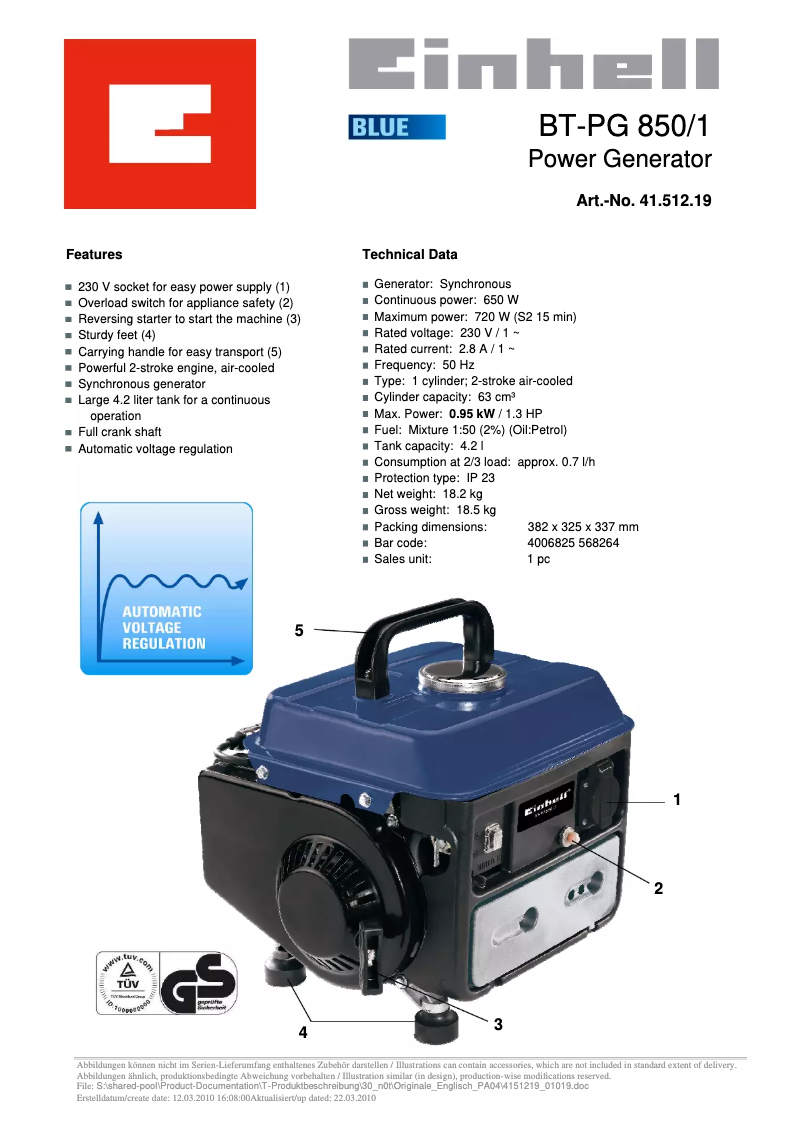 Page n°1 - Manuel utilisateur Einhell BT-PG 850/1