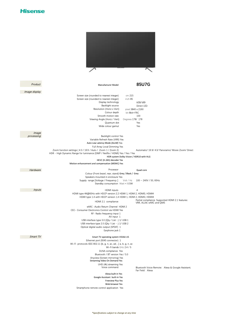 Page 1 de la notice Fiche technique Hisense 85U7G