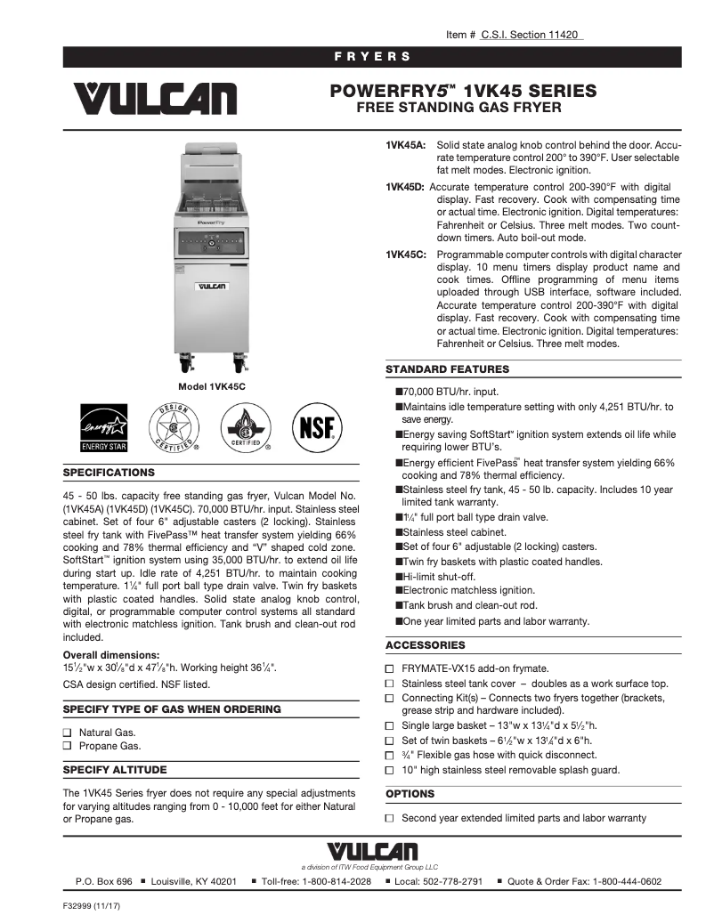 Page 1 de la notice Fiche technique Vulcan VK45