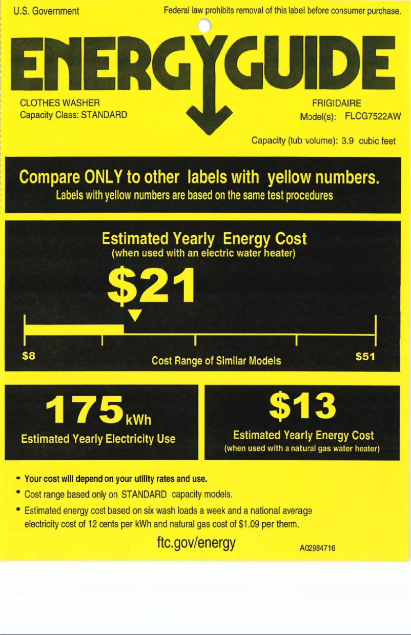 Page 1 de la notice Label énergétique Frigidaire FLCG7522AW
