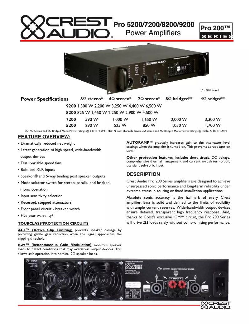 Page 1 de la notice Fiche technique Crest Audio Pro 9200