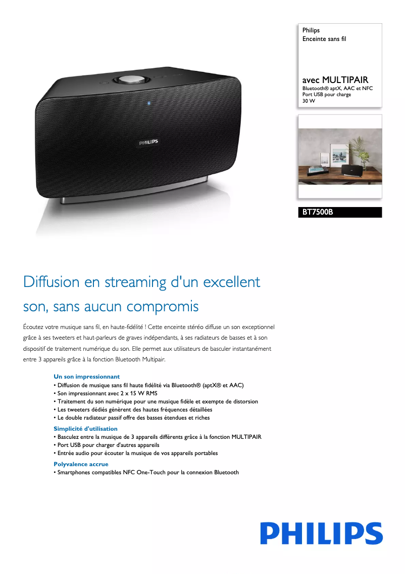 Page 1 de la notice Fiche technique Philips BT7500B
