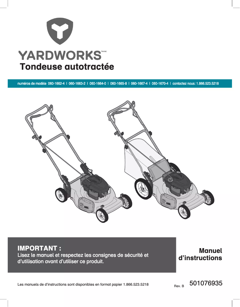 Page 1 de la notice Manuel utilisateur Yardworks 060-1662-4