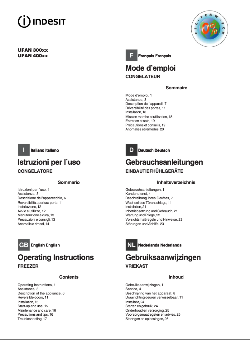 Page 1 de la notice Manuel utilisateur Indesit UFAN 400XX