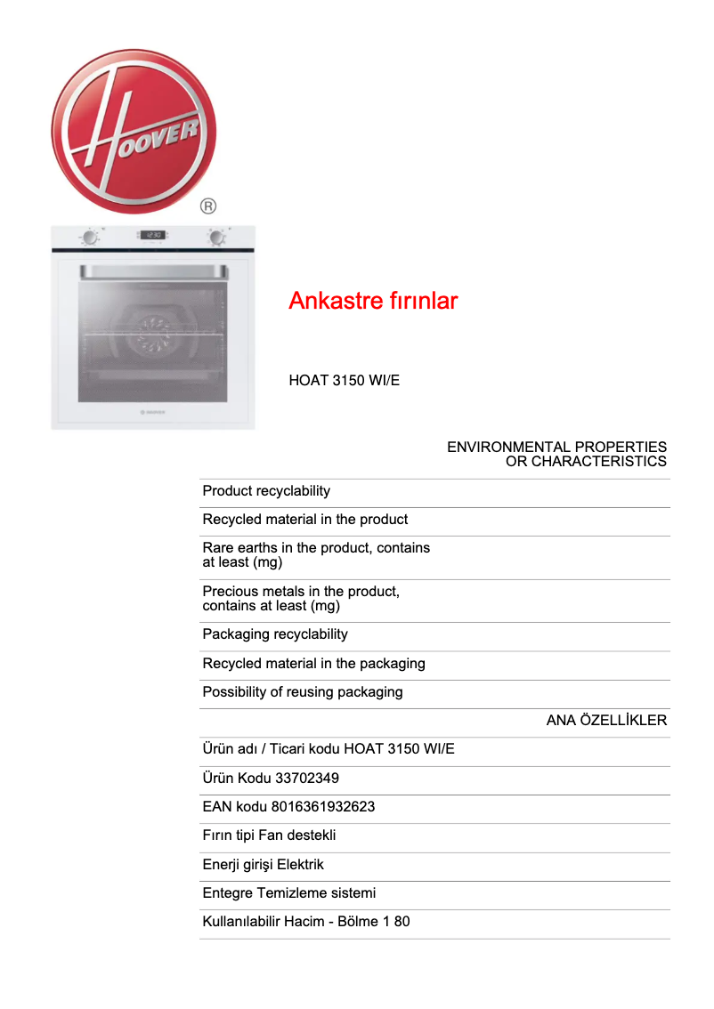 Page 1 de la notice Fiche technique Hoover HOAT 3150 WI/E