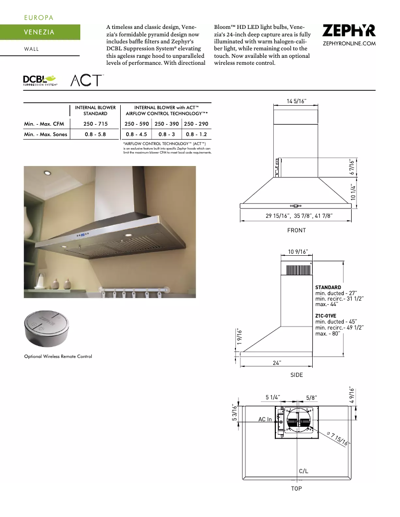 Page 1 de la notice Fiche technique Zephyr Venezia ZVE-E36CS