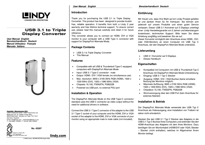 Page 1 de la notice Manuel utilisateur Lindy 43297