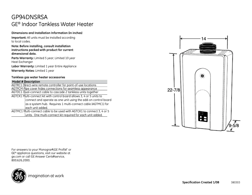 Page n°1 - Fiche technique GE GP94DNSRSA