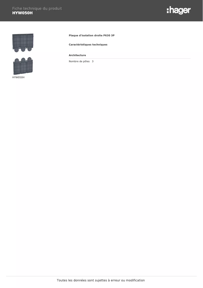 Página 1 del manual Ficha técnica Hager HYW050H