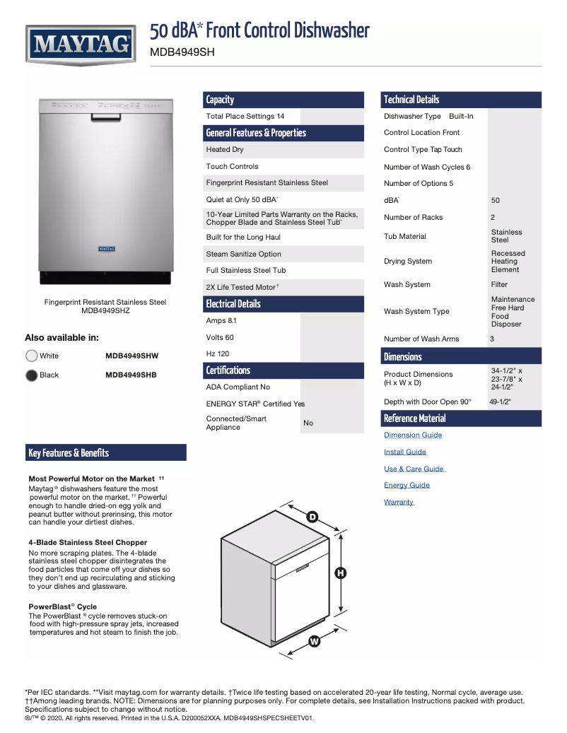 Page 1 de la notice Fiche technique Maytag MDB4949SHW