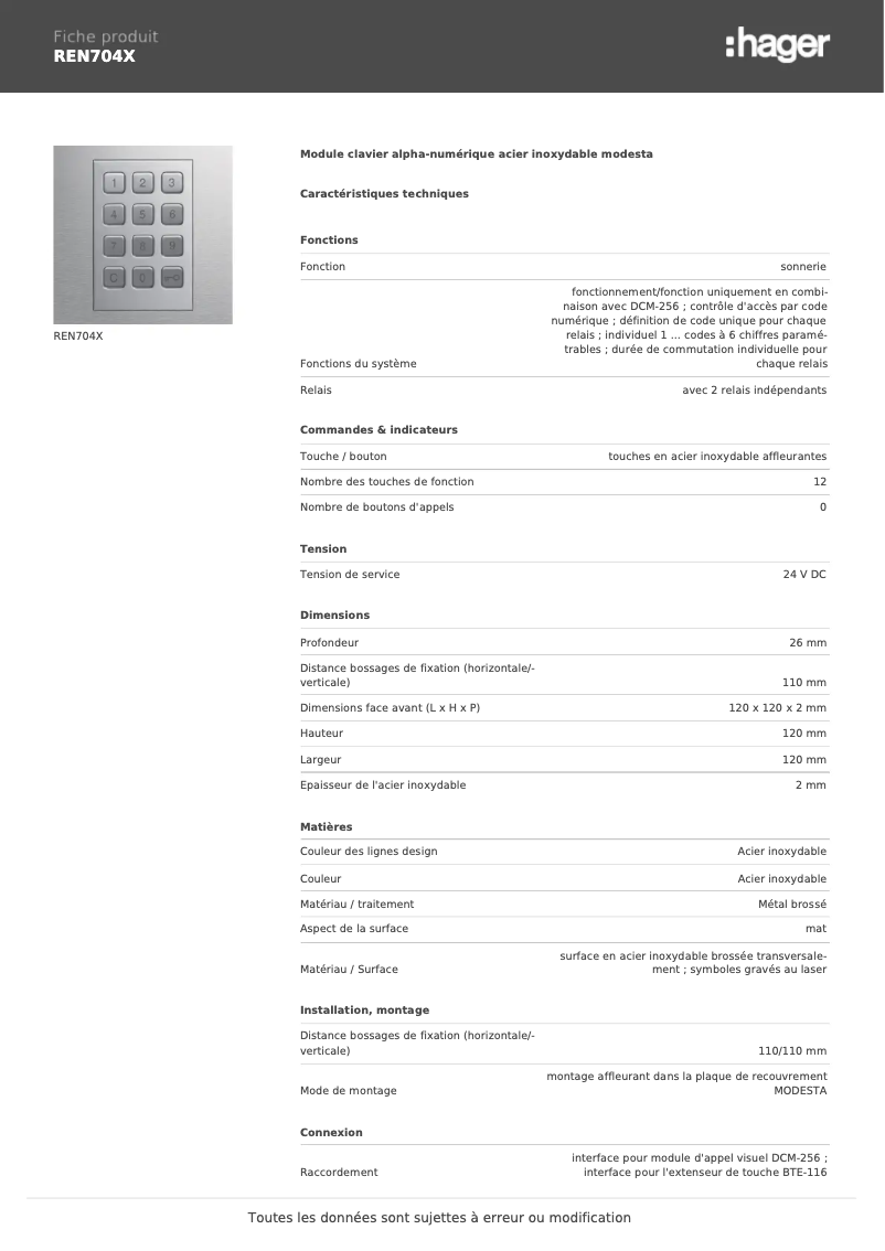 Page n°1 - Fiche technique Elcom REN704X