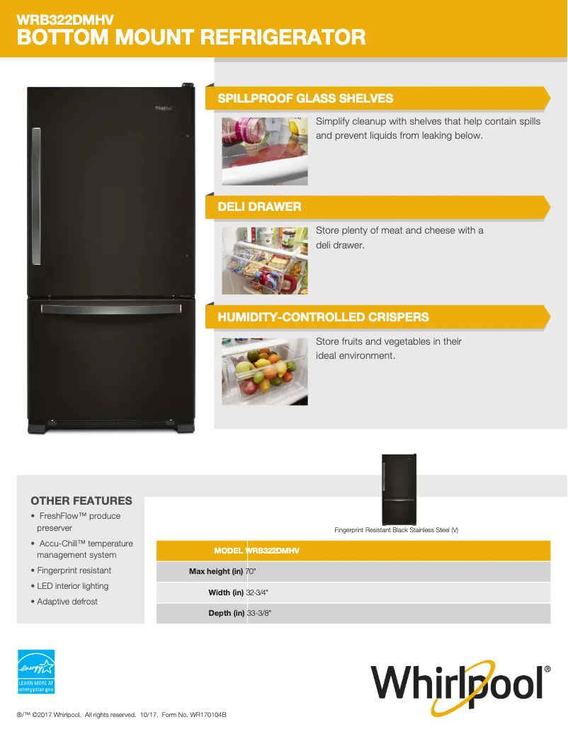 Page 1 de la notice Fiche technique Whirlpool WRB322DMHV