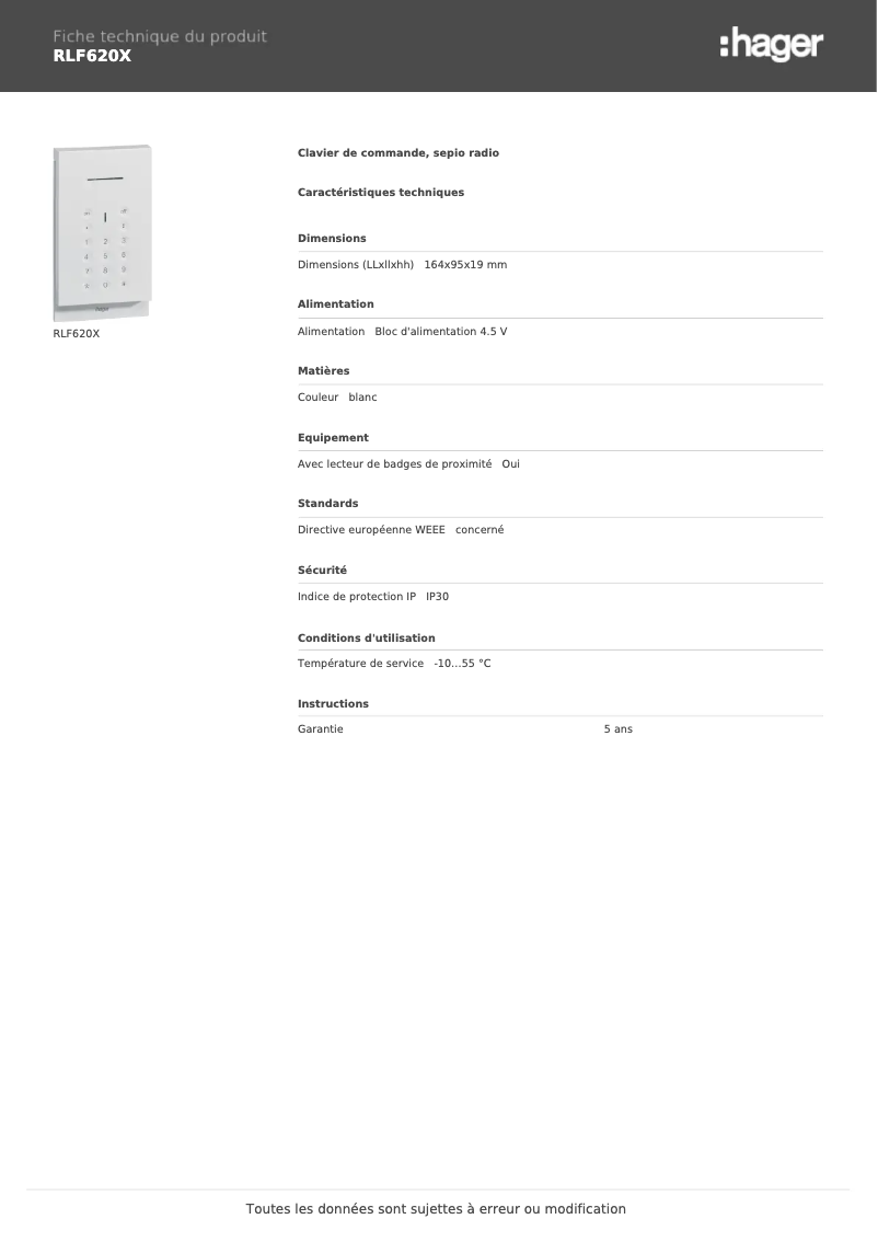 Page n°1 - Fiche technique Hager RLF620X