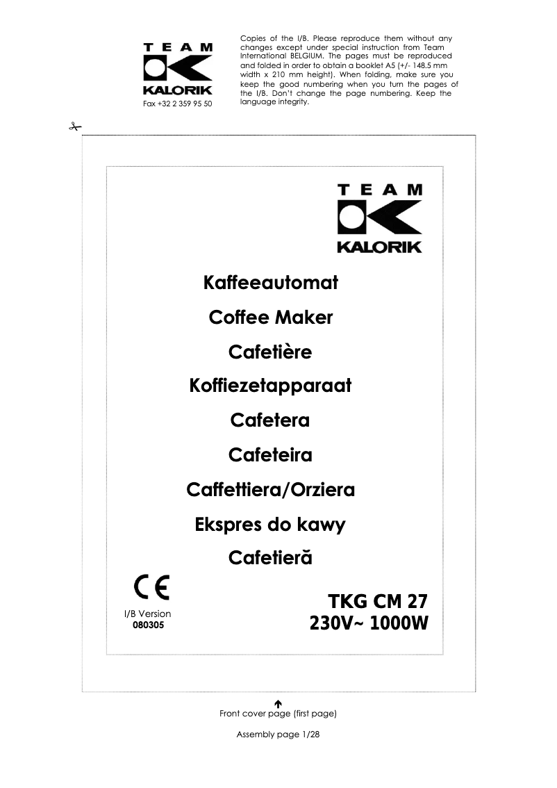 Image de la première page du manuel de l'appareil TKG CM 27