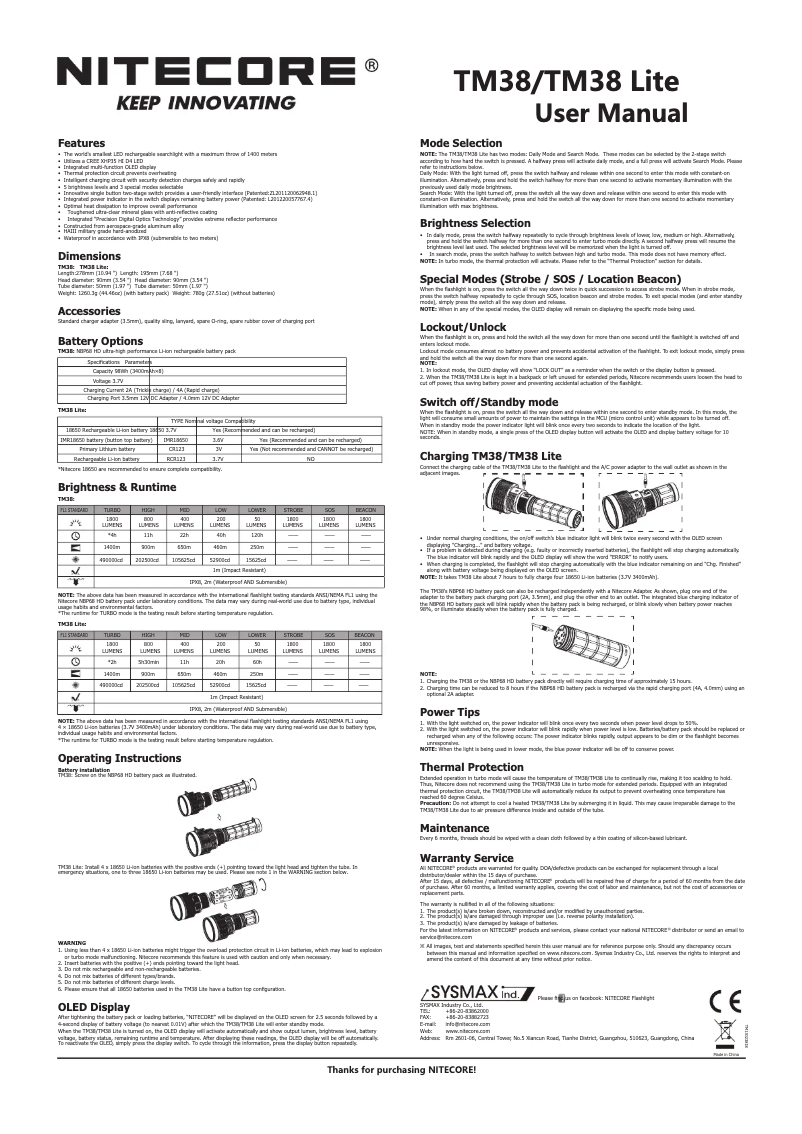 Page 1 de la notice Manuel utilisateur Nitecore TM38 Lite