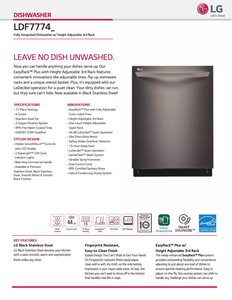 Page 1 de la notice Fiche technique LG LDF7774