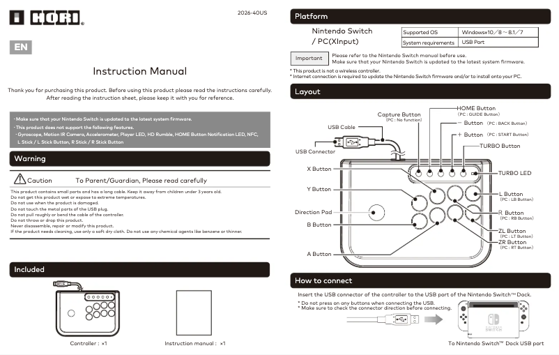 Page 1 de la notice Manuel utilisateur Hori Fighting Stick Mini