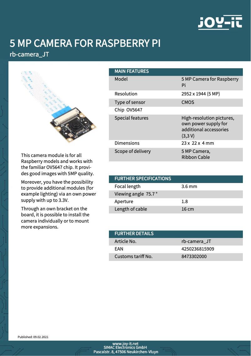 Page 1 de la notice Fiche technique Joy-It rb-camera_JT