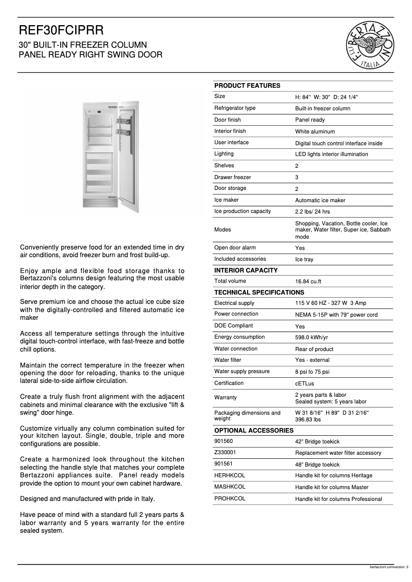 Page n°1 - Fiche technique Bertazzoni REF30FCIPRR