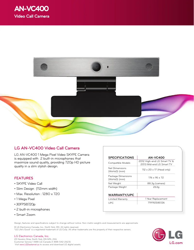 Page 1 de la notice Fiche technique LG AN-VC400