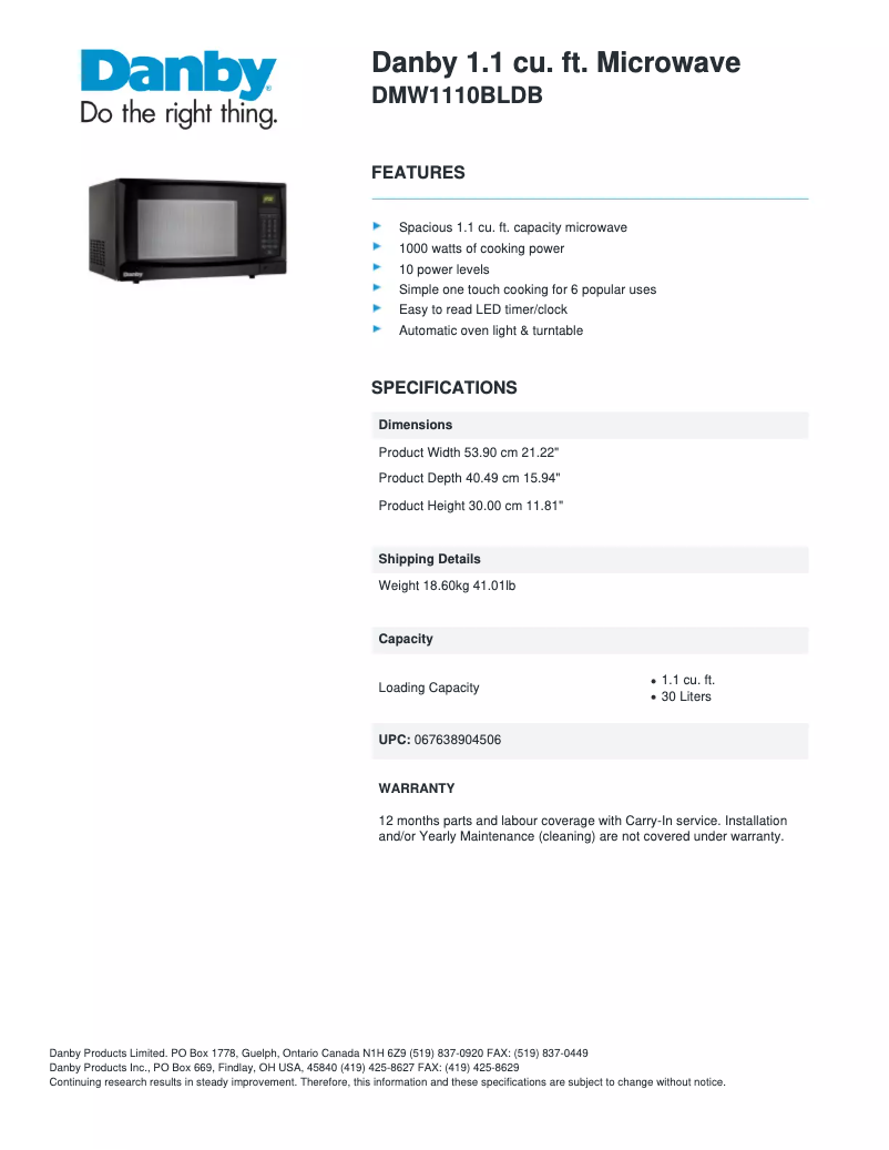 Page n°1 - Fiche technique Danby DMW1110BLDB