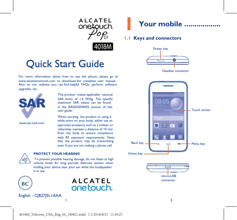 Page 1 de la notice Guide de démarrage rapide Alcatel One Touch POP D1