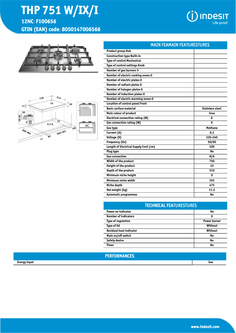 Page n°1 - Fiche technique Indesit THP 751 W/IX/I
