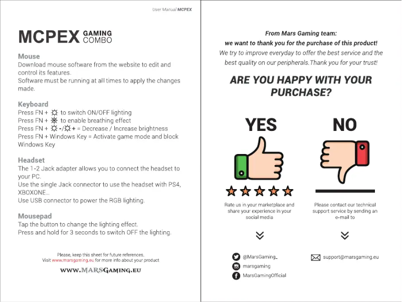 Page 1 de la notice Manuel utilisateur Mars Gaming MCPEX