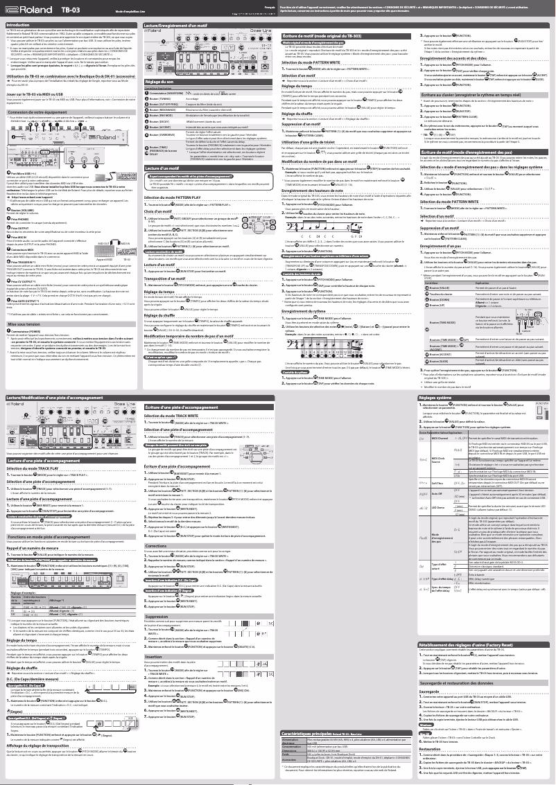 Page n°1 - Manuel utilisateur Roland TB-03