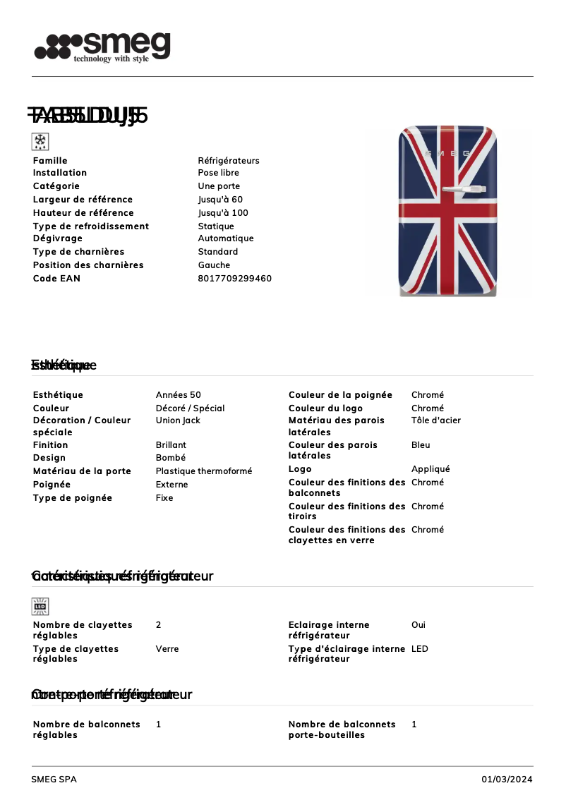 Page 1 de la notice Fiche technique Smeg FAB5LDUJ5