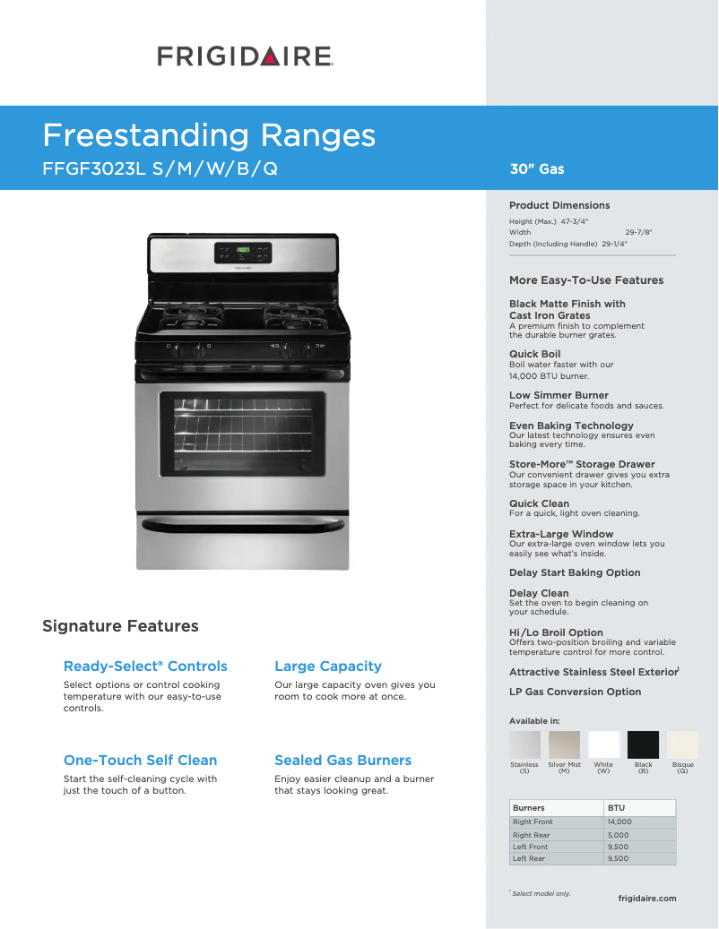 Page n°1 - Fiche technique Frigidaire FFGF3023LW