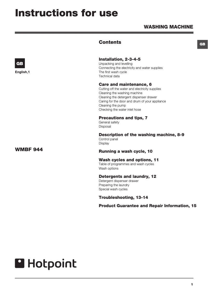 Page 1 de la notice Manuel utilisateur Hotpoint WMBF 944
