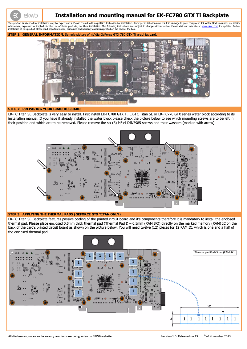 Page 1 de la notice Manuel utilisateur EK Water Blocks EK-FC780 GTX Ti