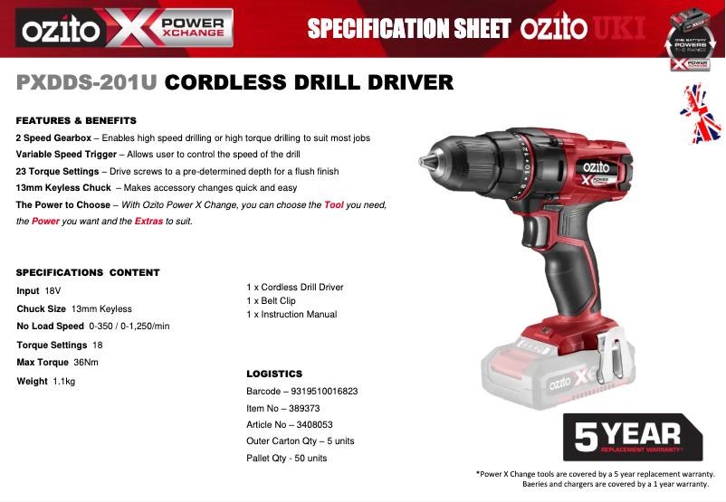 Page 1 de la notice Fiche technique Ozito PXDDS-201U
