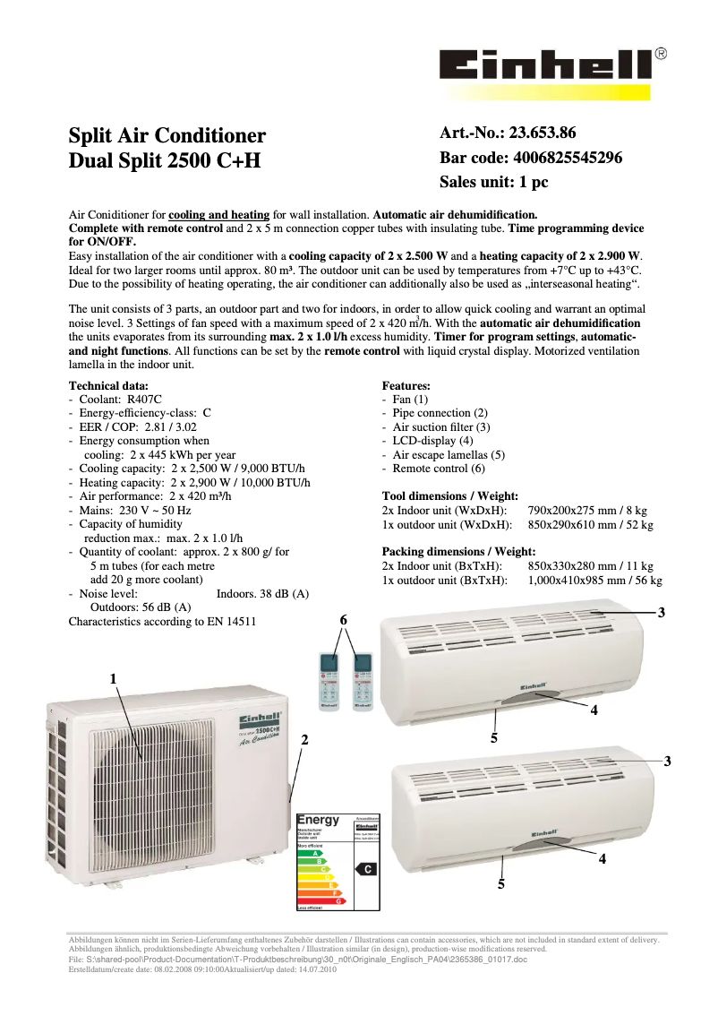 Page 1 de la notice Manuel utilisateur Einhell Dual Split 2500 C+H