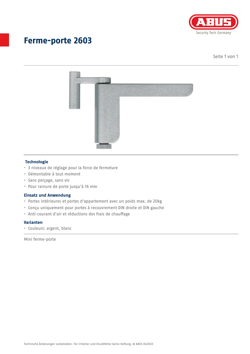 Página 1 del manual Ficha técnica Abus 2603